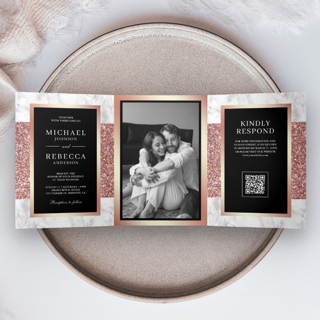 Convite Com Dobra Tripla Rosa Dourado Preto Código QR Casamento Mármore Bra (Criador carregado)