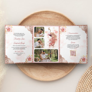 Convite Com Dobra Tripla Rosa Dourado Renda Floral Índio Pavão Casamento