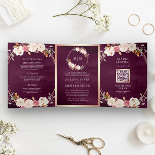 Convite Com Dobra Tripla Rosa Dourado Rosa Empolvilhada Floral Código QR Am
