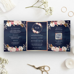 Convite Com Dobra Tripla Rosa Dourado Rosa Floral Código QR Casamento Azul-