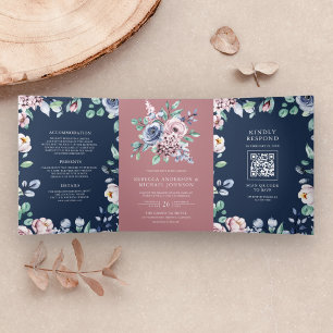 Convite Com Dobra Tripla Rosa Empoeirado Floral Azul Marinho Código QR Casa