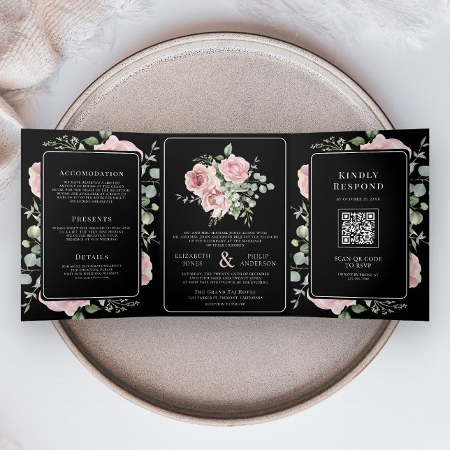 Convite Com Dobra Tripla Rosa Floral Eucalipto Preto Código QR Casamento (Criador carregado)