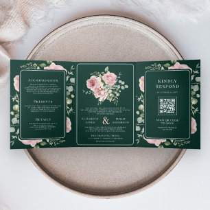 Convite Com Dobra Tripla Rosa Flores de Eucalipto Verde Esmeralda Casamento