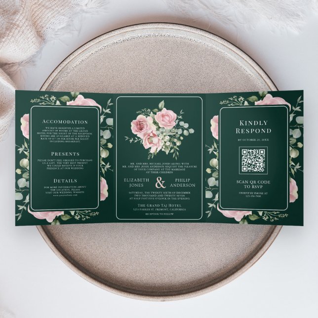 Convite Com Dobra Tripla Rosa Flores de Eucalipto Verde Esmeralda Casamento (Criador carregado)
