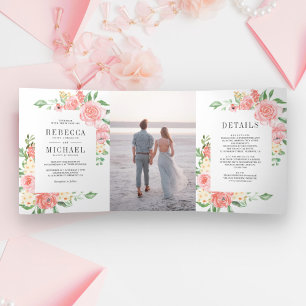 Convite Com Dobra Tripla Rosa Florescer Jardim de Rosas Foto Casamento Cor