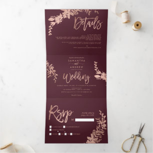 Convite Com Dobra Tripla Rosa gold Floral burgundy elegante casamento