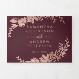 Convite Com Dobra Tripla Rosa gold Floral burgundy elegante casamento