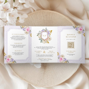 Convite Com Dobra Tripla Rosa Pastel Roxo Floral Tudo em Um Crest Casamento