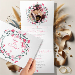 Convite Com Dobra Tripla Rosa Peônia Floral Casamento Tri-Dobrado