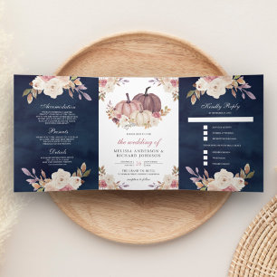 Convite Com Dobra Tripla Rosa Poeira Marfim Abóbora Floral Azul Marinho Cas