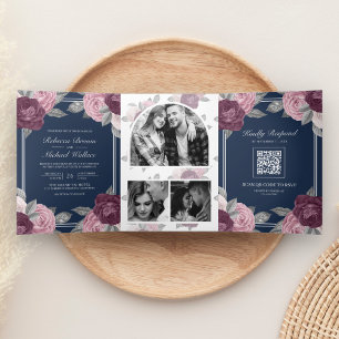Convite Com Dobra Tripla Rosa Roxo Empoeirado Código QR Casamento Azul Mari