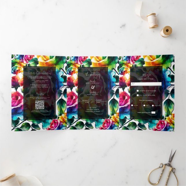 Convite Com Dobra Tripla Rosas Arco-íris Preto e Branco Vibrante Floral Cas (Dentro)