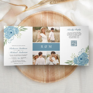 Convite Com Dobra Tripla Rosas Azuis Empoeiradas Colagem de Fotos Código QR