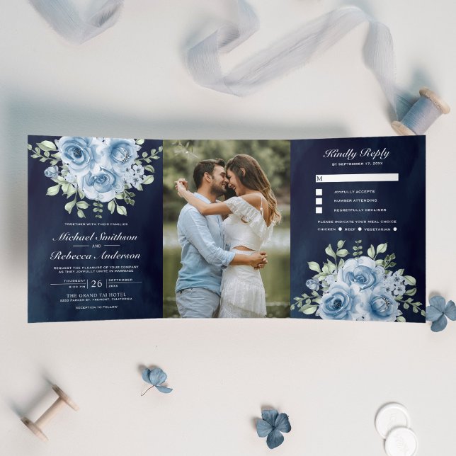 Convite Com Dobra Tripla Rosas Azuis Rustic Marinho Foto  Casamento Azul (Criador carregado)