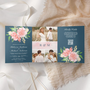 Convite Com Dobra Tripla Rosas Cor-de-Rosa Foto Código QR Azul Empoeirado C