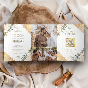 Convite Com Dobra Tripla Rosas de Creme Suave com Renda Dourada Código QR C