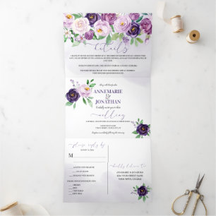 Convite Com Dobra Tripla Rosas de Lavanda roxas *DIY* Script de alteração d