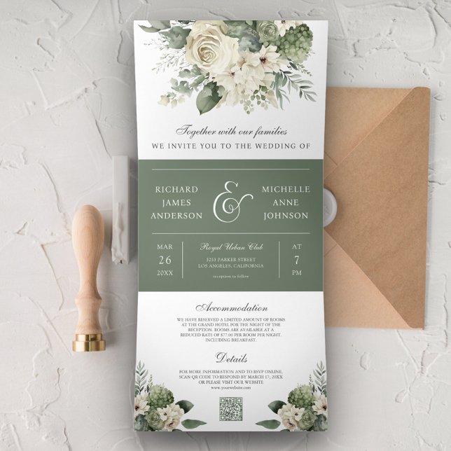 Convite Com Dobra Tripla Rosas de Marfim Verde Salvia Código QR Casamento (Criador carregado)