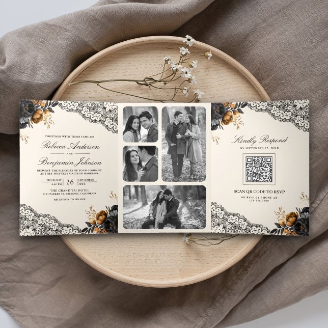 Convite Com Dobra Tripla Rosas de Ouro Preto Renda Creme Código QR Casament (Criador carregado)