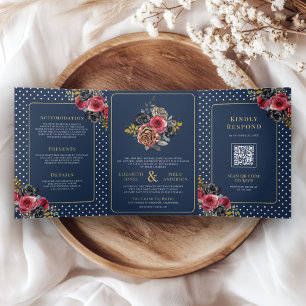 Convite Com Dobra Tripla Rosas Florais Burgundy Tudo em Um Casamento Azul M