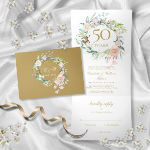 Convite Com Dobra Tripla Rosas Florais do Aniversário de 50 Anos de Casamen