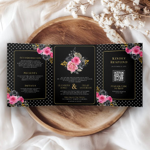 Convite Com Dobra Tripla Rosas Florais Douradas Fúcsia Tudo em Um Casamento