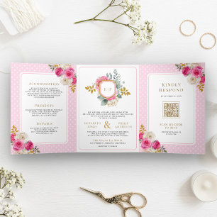 Convite Com Dobra Tripla Rosas Florais Rosa Fúcsia Tudo em Um Crest Casamen