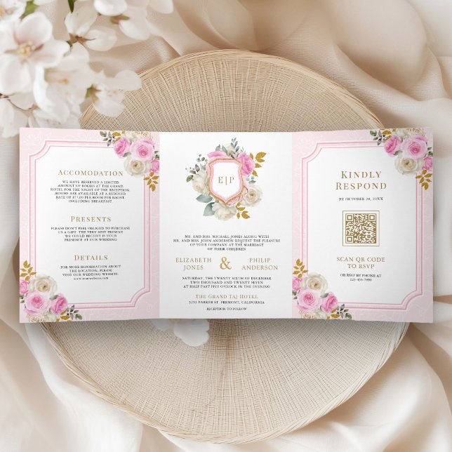Convite Com Dobra Tripla Rosas Florais Rosa Pastel, Todos em Um Casamento d (Criador carregado)