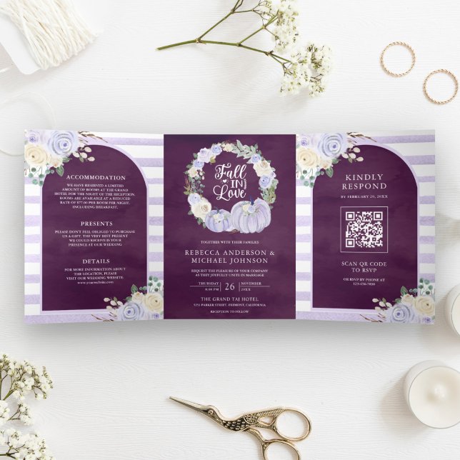 Convite Com Dobra Tripla Rosas Lavanda Abóbora Código QR Ameixa Casamento (Criador carregado)