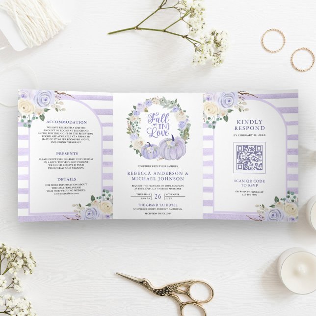 Convite Com Dobra Tripla Rosas Lavanda Abóbora Código QR Casamento (Criador carregado)