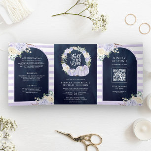 Convite Com Dobra Tripla Rosas Lavanda Abóbora Código QR Casamento Azul Mar