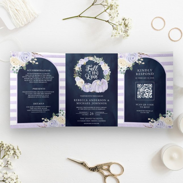 Convite Com Dobra Tripla Rosas lavandas Pumpkin Código QR Marinho Casamento (Criador carregado)
