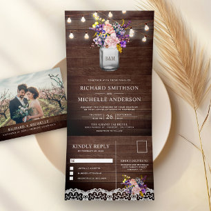 Convite Com Dobra Tripla Rosas Lilac Rosa Mason Jar String Luzes Casamento