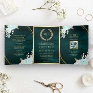 Convite Com Dobra Tripla Rosas Pastel Verde Menta Tudo em Um Código QR Casa