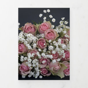 Convite Com Dobra Tripla Rosas Pétalas de Rosa Flores Cor-de-Rosa Branco Gi