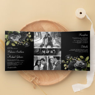 Convite Com Dobra Tripla Rosas Pretas Colagem de Fotos Florais Casamento Gó