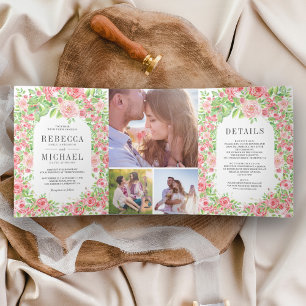 Convite Com Dobra Tripla Rosas Rosa Bege Arco Colagem Floral Foto Casamento