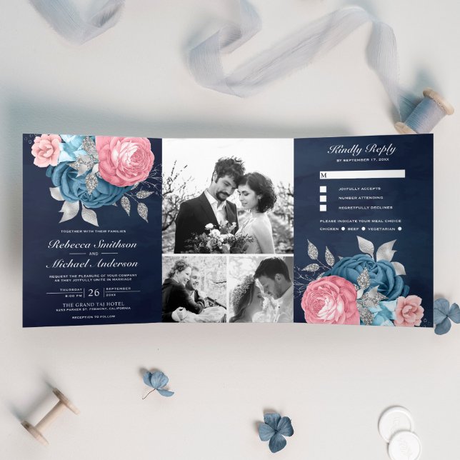 Convite Com Dobra Tripla Rosas Rosa Bege Azul Floral Marinho Casamento (Criador carregado)