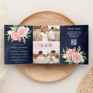 Convite Com Dobra Tripla Rosas Rosa Bege Foto Código QR Azul Marinho Casame