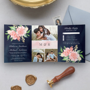 Convite Com Dobra Tripla Rosas Rosa Bege Fotocollage Casamento Azul Naval