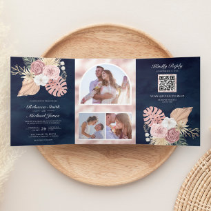 Convite Com Dobra Tripla Rosas Rosa Poeira Palma Rústica Código QR Azul Mar