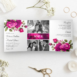 Convite Com Dobra Tripla Rosas Rosa Quente Fúcsia Fotografia Colagem Casame