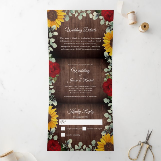 Convite Com Dobra Tripla Rosas Rustic Sunflower Eucalyptus Casamento Fotogr (Dentro)