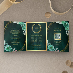 Convite Com Dobra Tripla Rosas Verde Esmeralda Tudo em Um Código QR Casamen