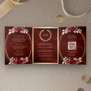 Convite Com Dobra Tripla Rosas Vermelhas de Borgonha Tudo em um Código QR C