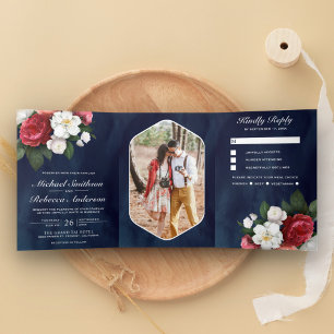 Convite Com Dobra Tripla Rosas Vermelhas e Magnólia Branca Casamento Azul M