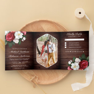 Convite Com Dobra Tripla Rosas Vermelhas e Magnólia Branca Casamento Rústic
