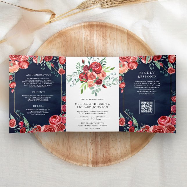Convite Com Dobra Tripla Rosas Vermelhas Floral Código QR Casamento Azul Ma (Criador carregado)