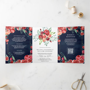 Convite Com Dobra Tripla Rosas Vermelhas Floral Código QR Casamento Azul Ma
