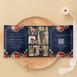 Convite Com Dobra Tripla Rosas Vermelhas Quadro Floral Azul Marinho Código 